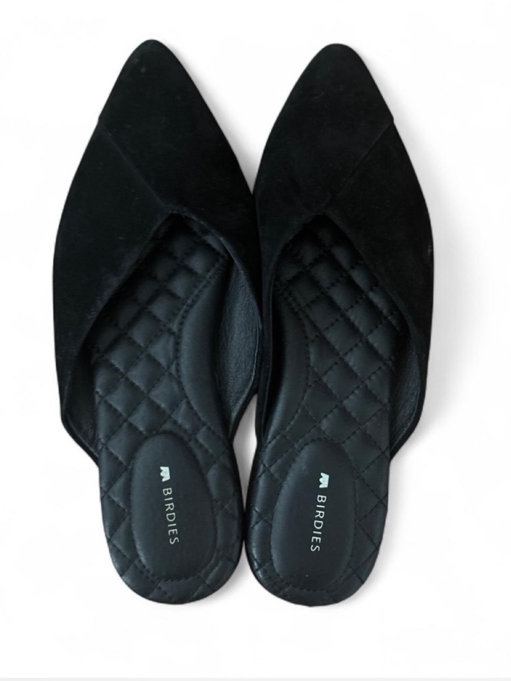 Birdies The Swan Black Suede Quilted Pointed-Toe Mules